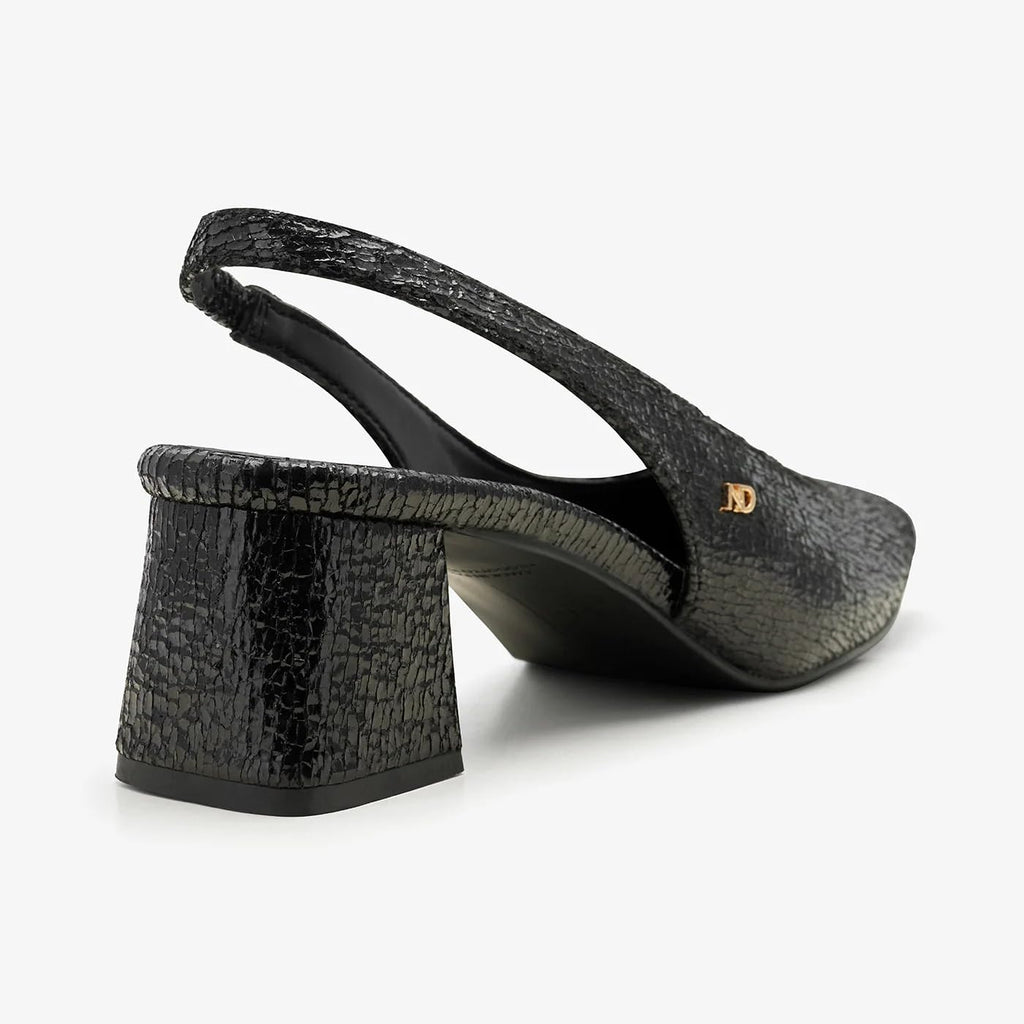 NDURE Black Crackled Textured Slingback Pumps, Block Heel, Pointed Toe
