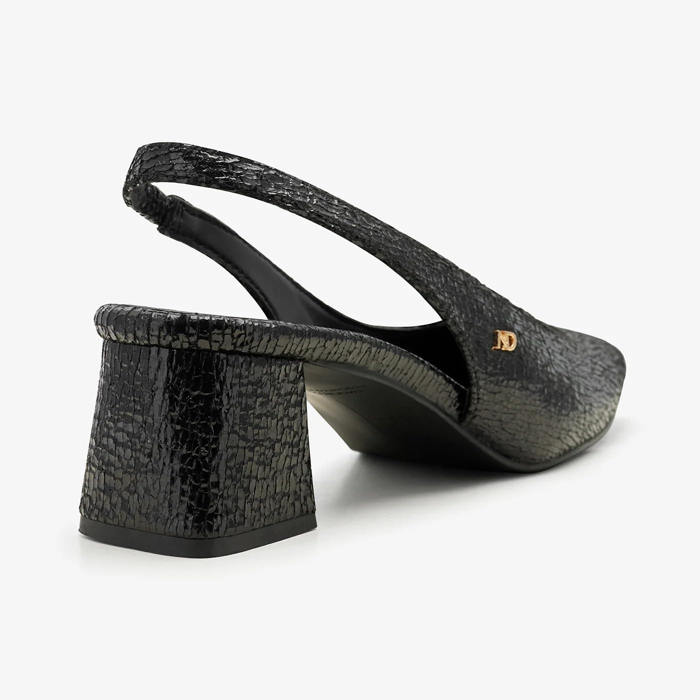 NDURE Black Crackled Textured Slingback Pumps, Block Heel, Pointed Toe