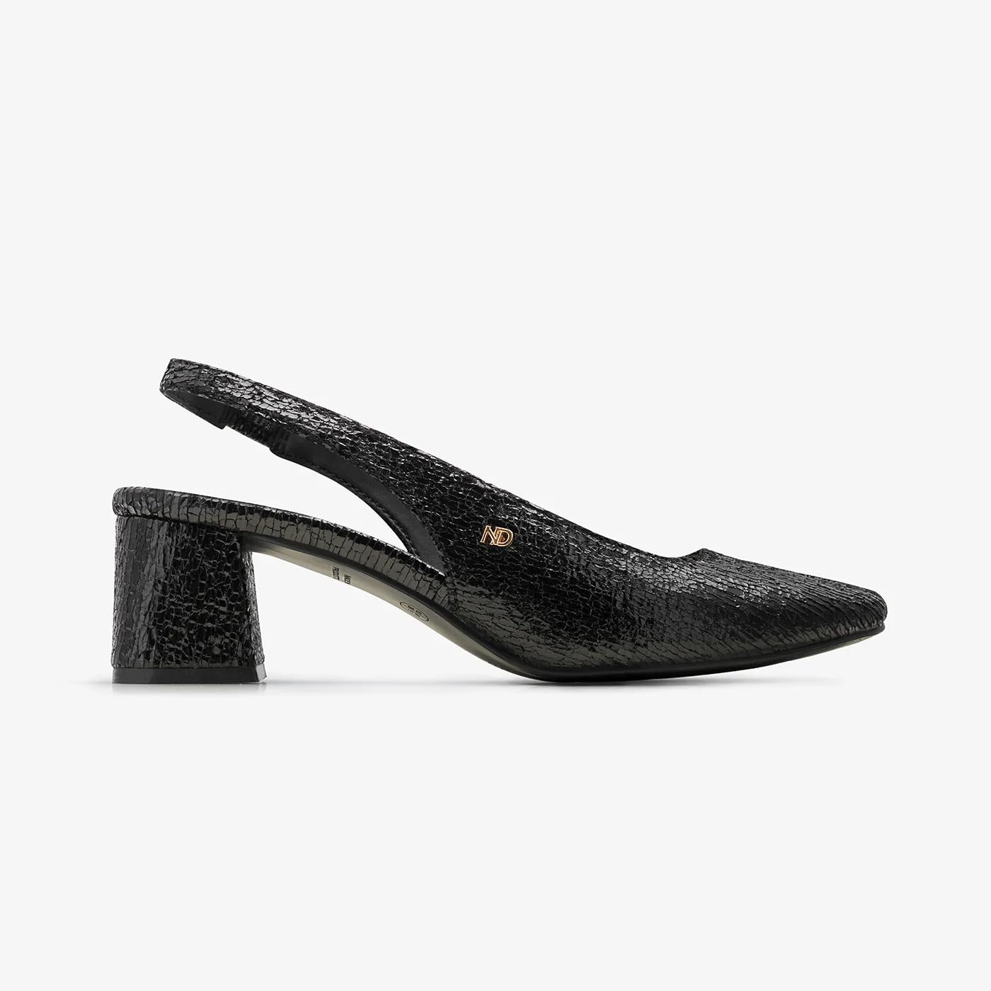 NDURE Black Crackled Textured Slingback Pumps, Block Heel, Pointed Toe