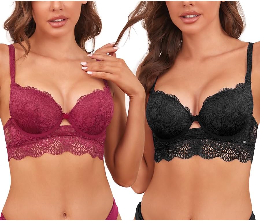 Women's Push Up Lace Bra Underwire Balconette Bra Comfort Padded Longline Plunge Everyday Bras 2 Pack