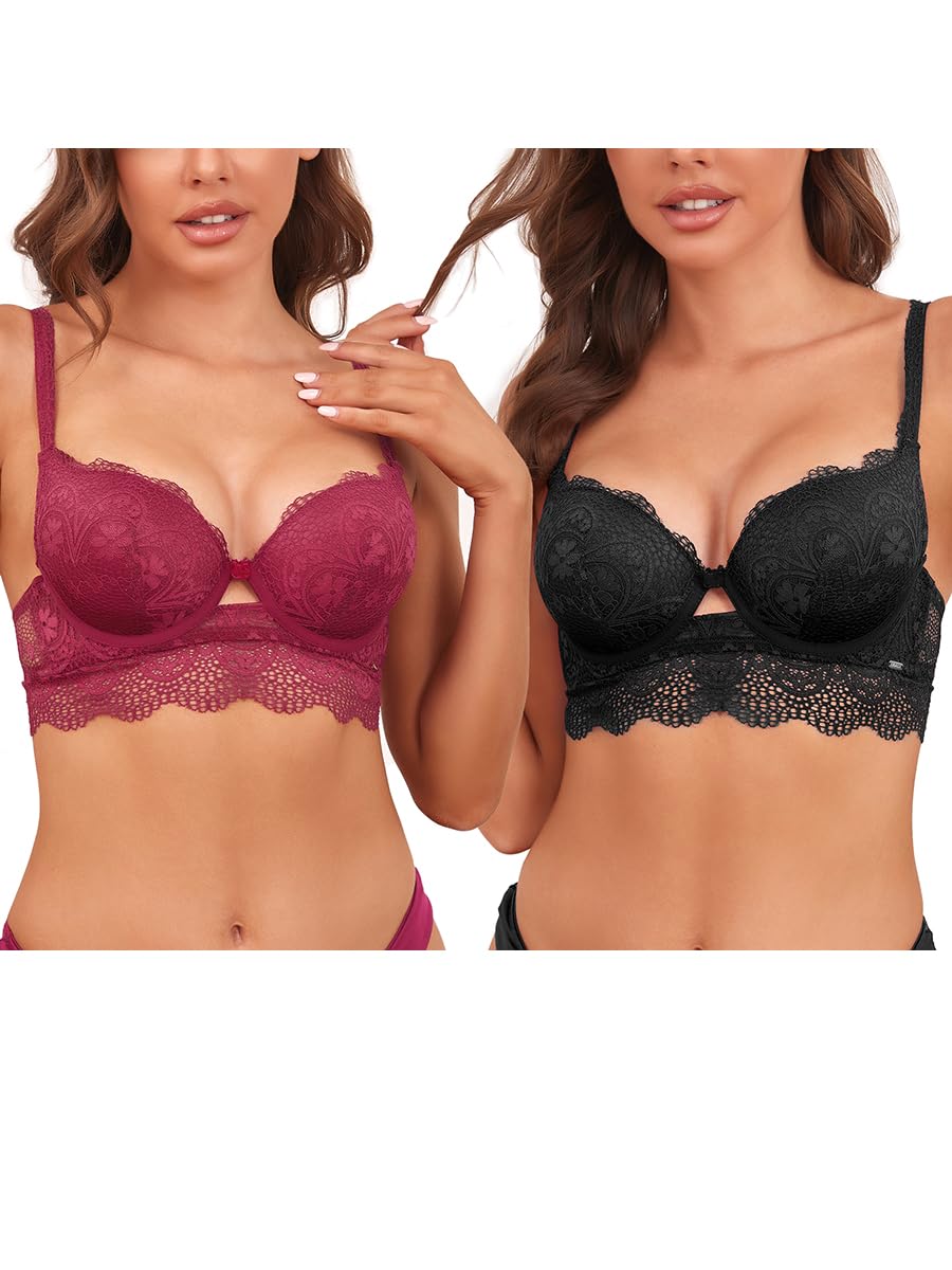 Women's Push Up Lace Bra Underwire Balconette Bra Comfort Padded Longline Plunge Everyday Bras 2 Pack
