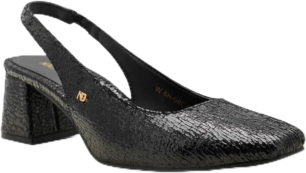 NDURE Black Crackled Textured Slingback Pumps, Block Heel, Pointed Toe