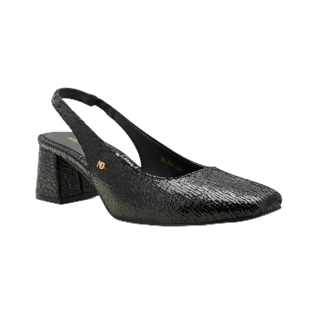 NDURE Black Crackled Textured Slingback Pumps, Block Heel, Pointed Toe