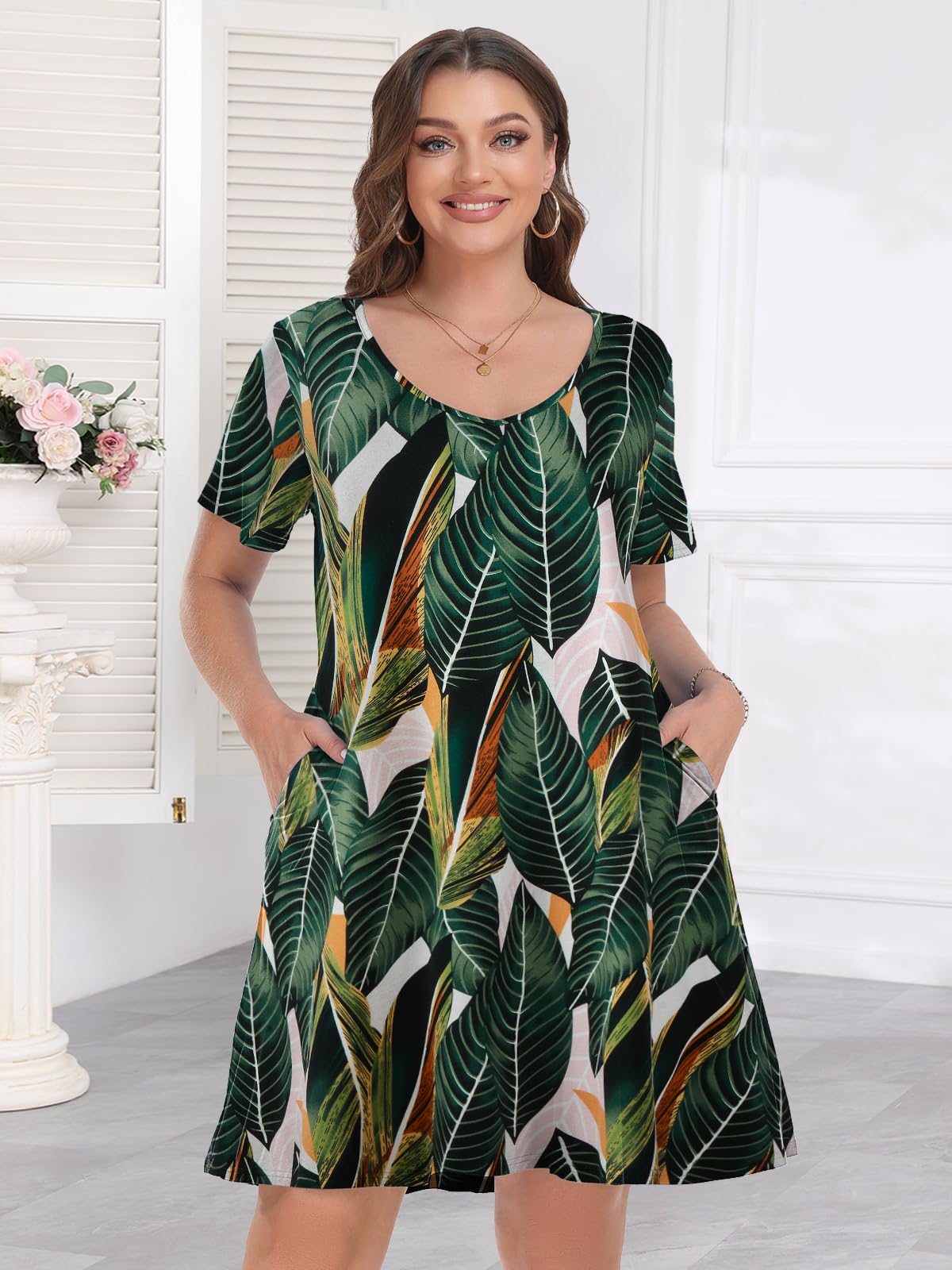 Womens Plus Size Summer Dresses Casual Short Sleeve T Shirt Dress for Everyday Wear V Neck Loose Fit Swing Basic Sundresses