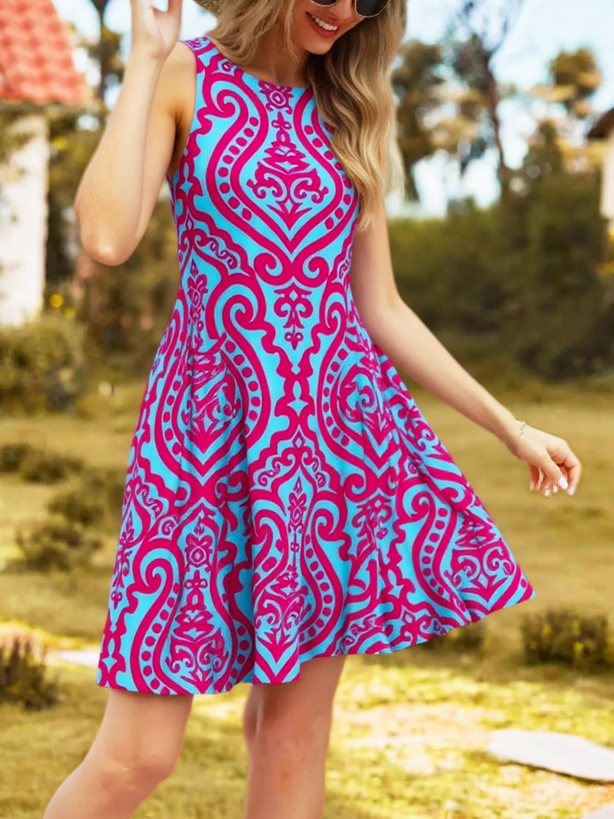 Sleeveless A-Line Dress for Women Round Neck Casual Swing Dress Lightweight Beach Sundress