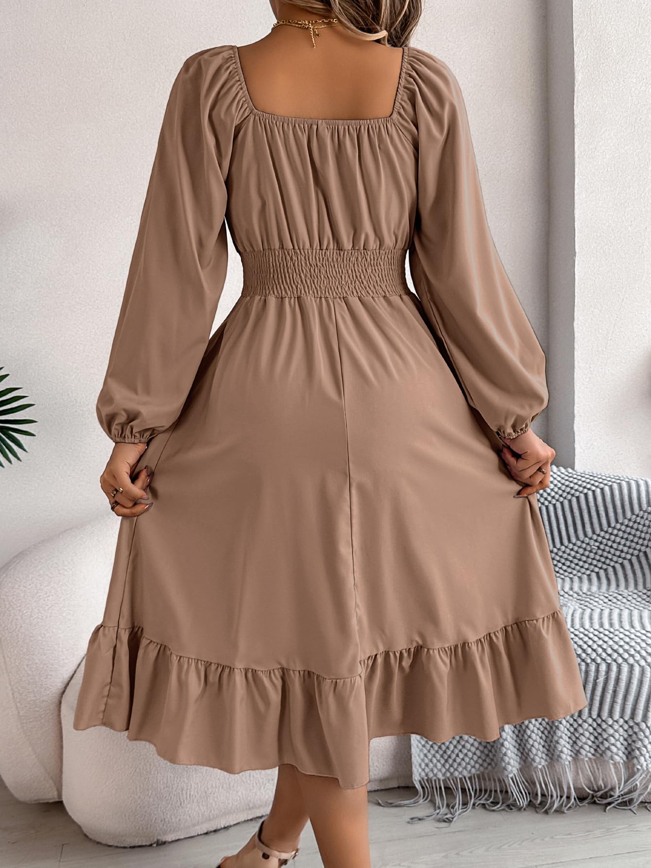 Square Neck Dress for Women Smocked Waist Long Sleeve Causal A-Line Swing Flowy Beach Ruffle Long Dresses