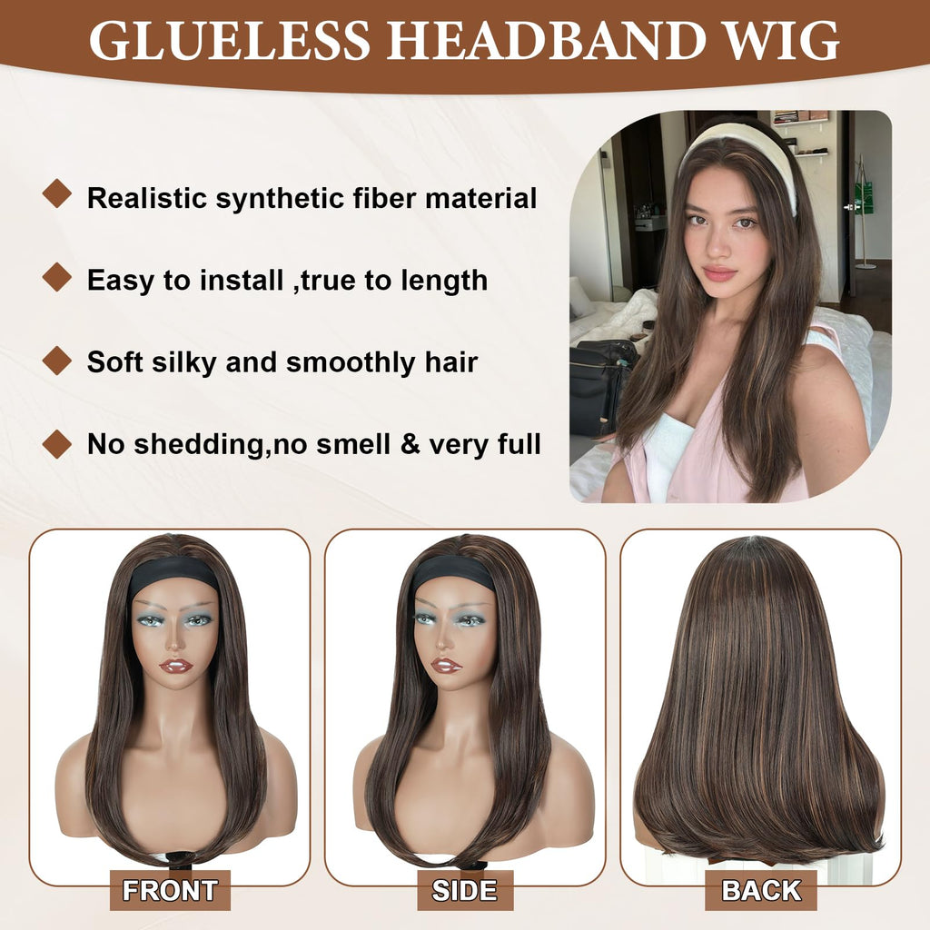18" Long Straight Highlight Brown Headband Wig, Long Straight Brown Wigs With Anti-Slip Head Band Heat Resistance Synthetic Headband Wigs For Women Daily Party Use