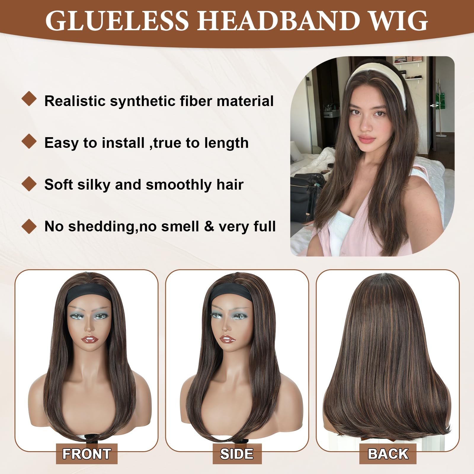 18" Long Straight Highlight Brown Headband Wig, Long Straight Brown Wigs With Anti-Slip Head Band Heat Resistance Synthetic Headband Wigs For Women Daily Party Use