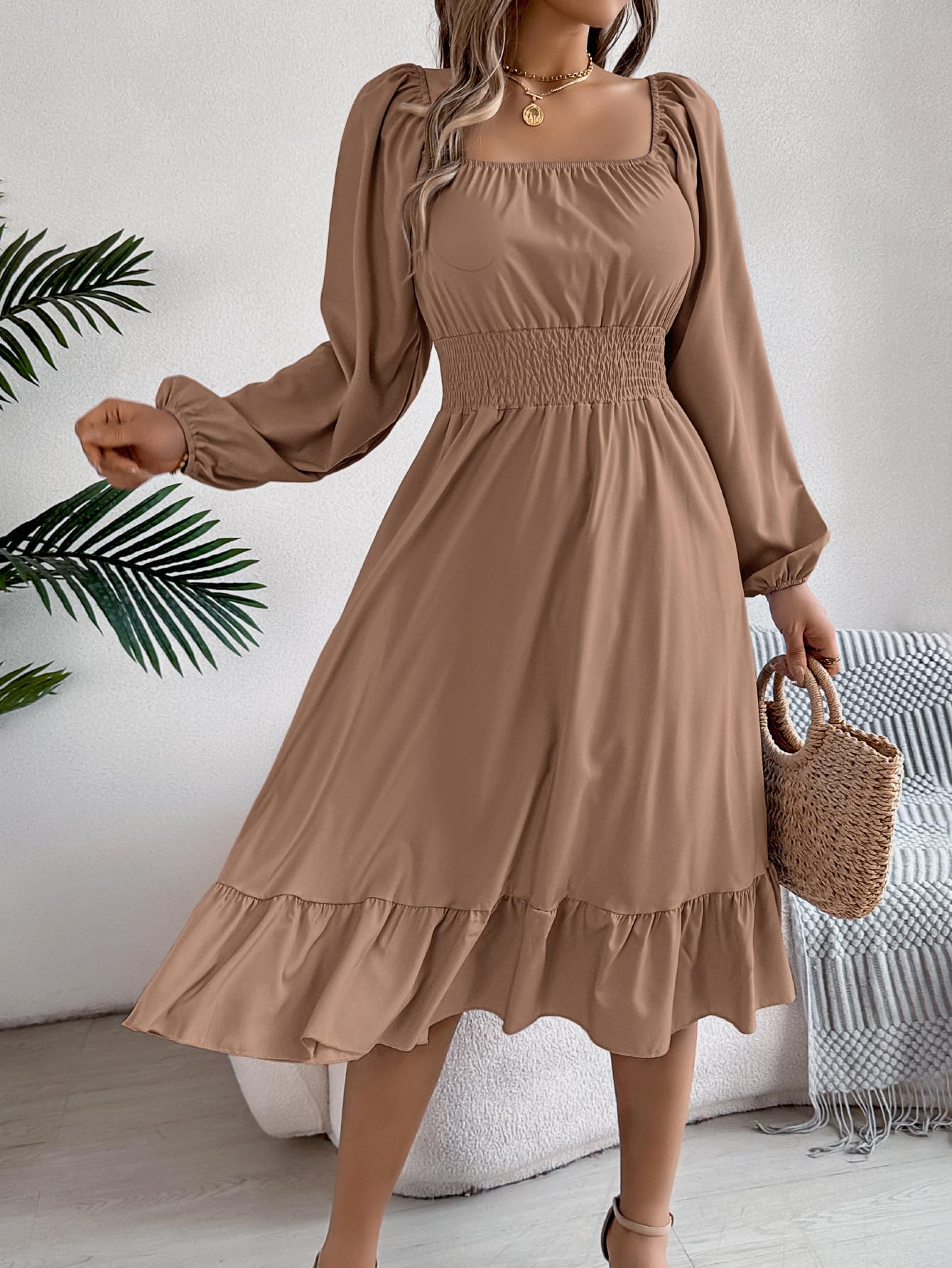 Square Neck Dress for Women Smocked Waist Long Sleeve Causal A-Line Swing Flowy Beach Ruffle Long Dresses
