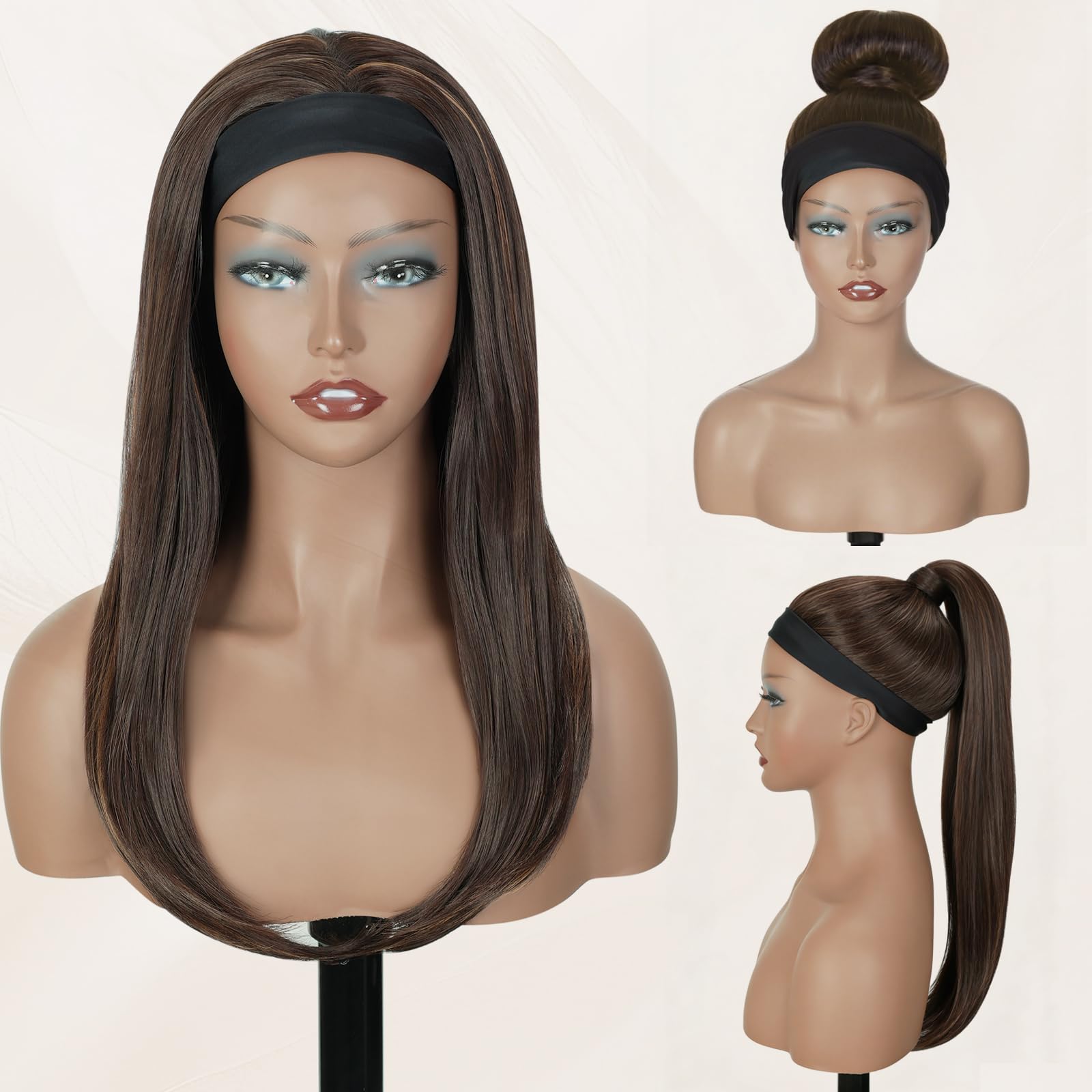 18" Long Straight Highlight Brown Headband Wig, Long Straight Brown Wigs With Anti-Slip Head Band Heat Resistance Synthetic Headband Wigs For Women Daily Party Use