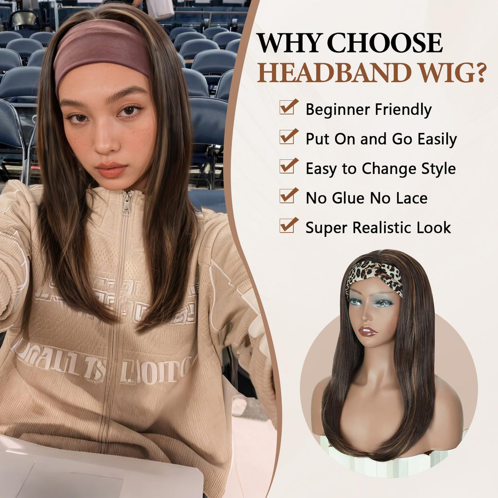 18" Long Straight Highlight Brown Headband Wig, Long Straight Brown Wigs With Anti-Slip Head Band Heat Resistance Synthetic Headband Wigs For Women Daily Party Use