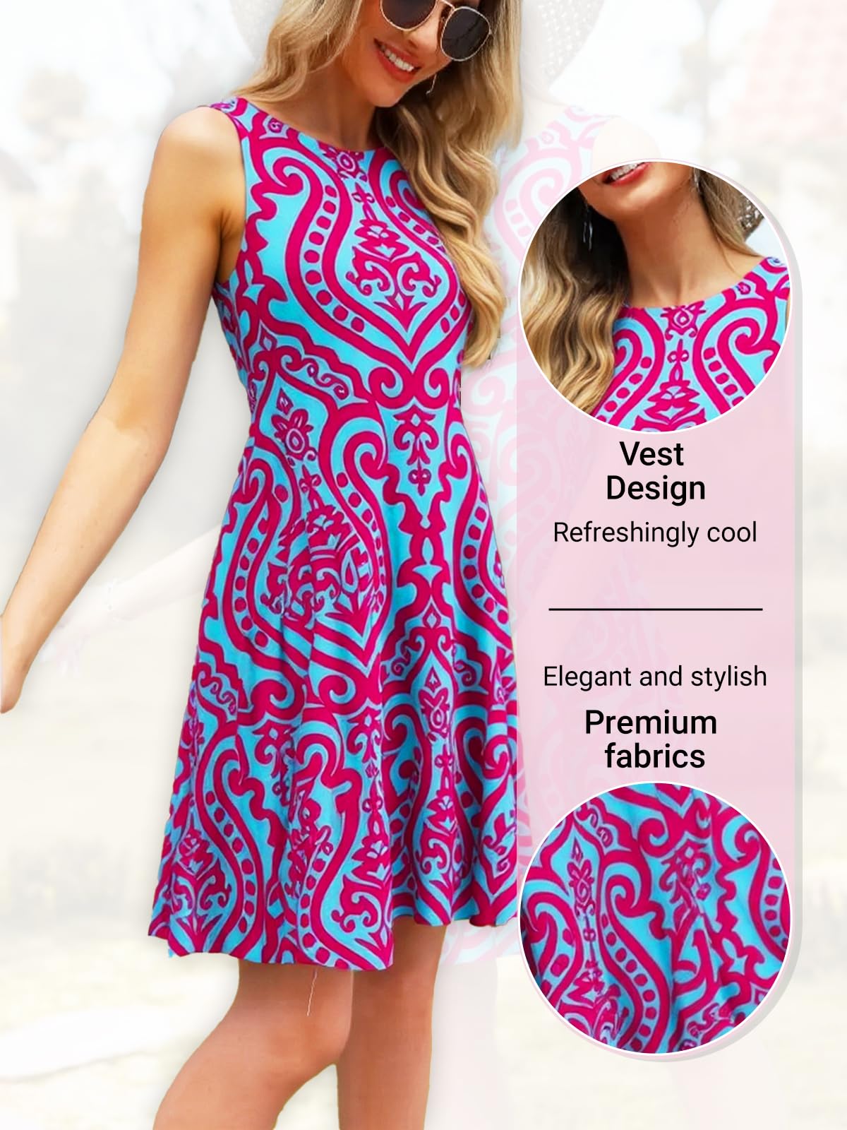 Sleeveless A-Line Dress for Women Round Neck Casual Swing Dress Lightweight Beach Sundress