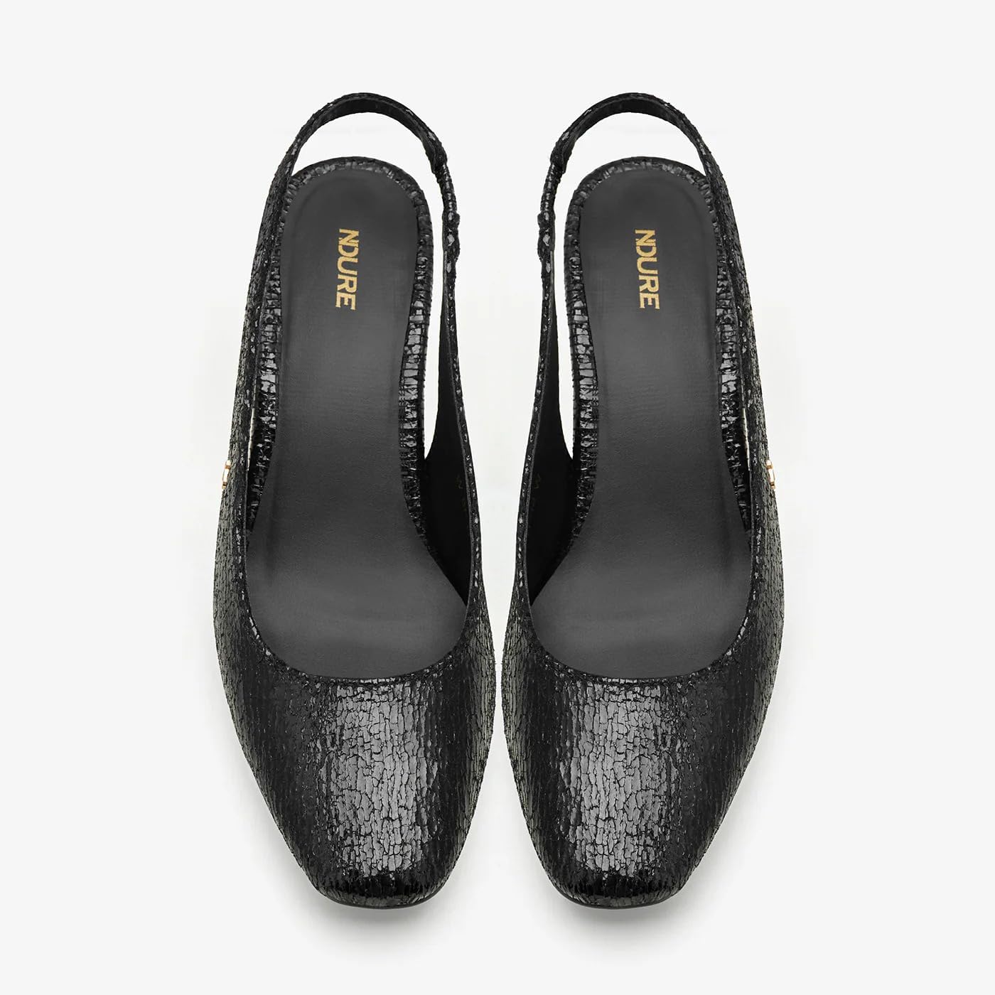 NDURE Black Crackled Textured Slingback Pumps, Block Heel, Pointed Toe