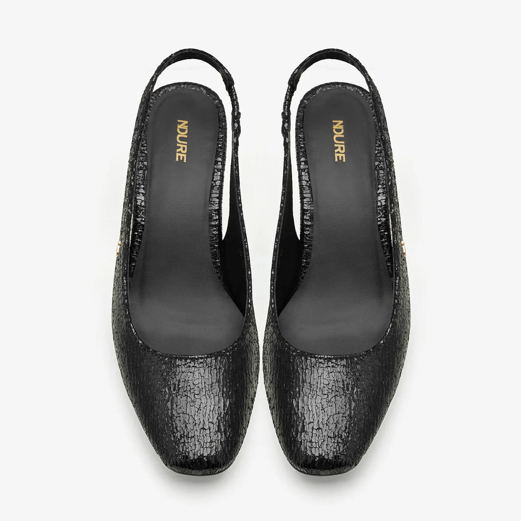 NDURE Black Crackled Textured Slingback Pumps, Block Heel, Pointed Toe