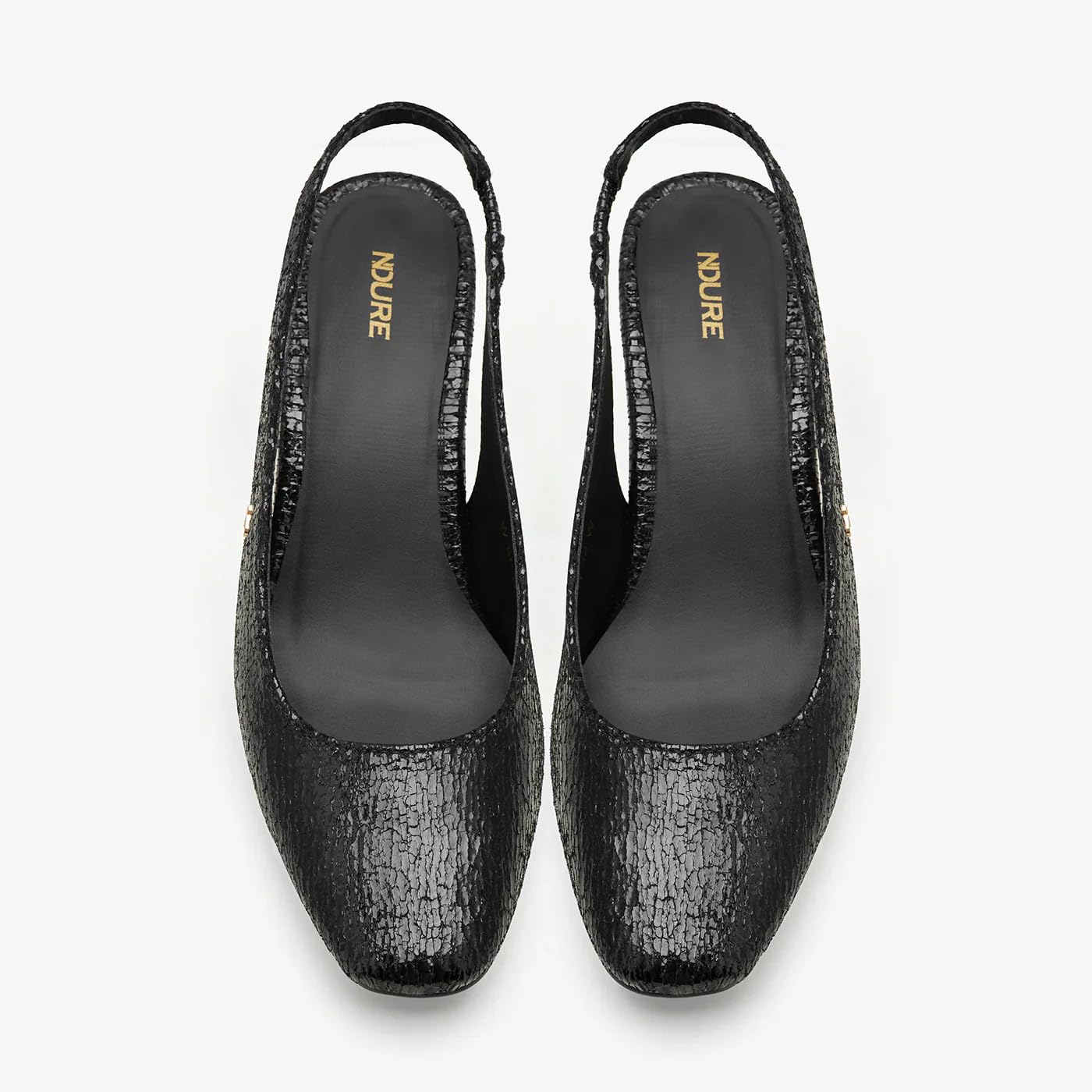 NDURE Black Crackled Textured Slingback Pumps, Block Heel, Pointed Toe