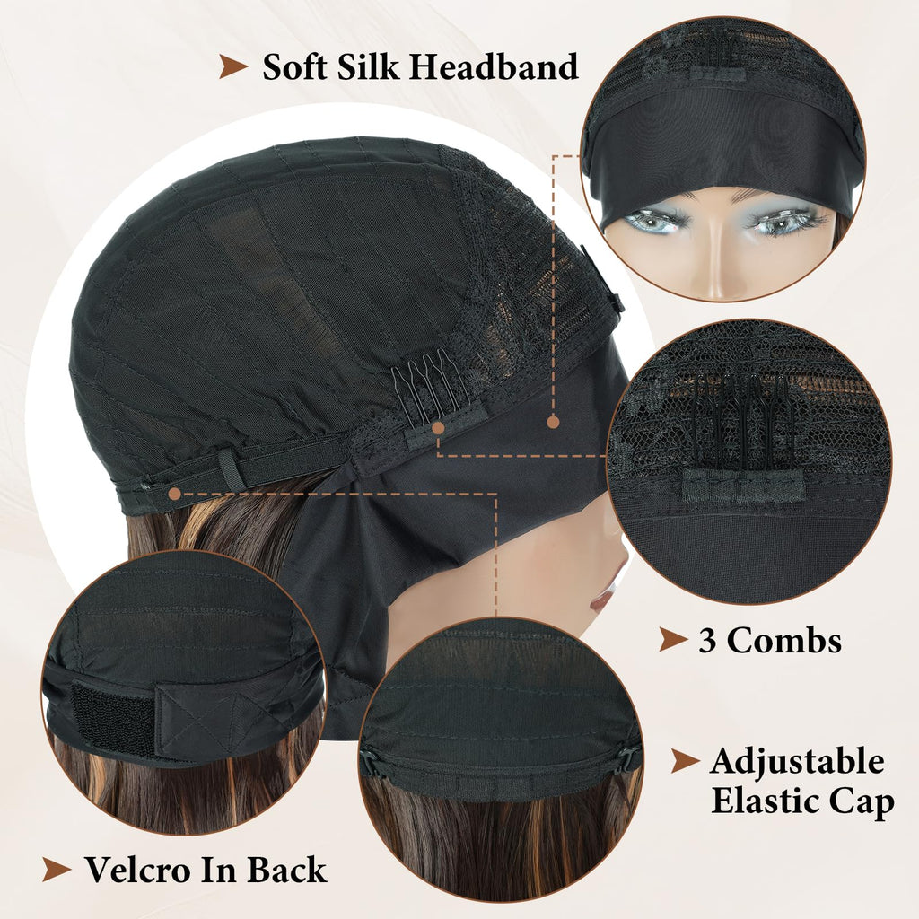 18" Long Straight Highlight Brown Headband Wig, Long Straight Brown Wigs With Anti-Slip Head Band Heat Resistance Synthetic Headband Wigs For Women Daily Party Use