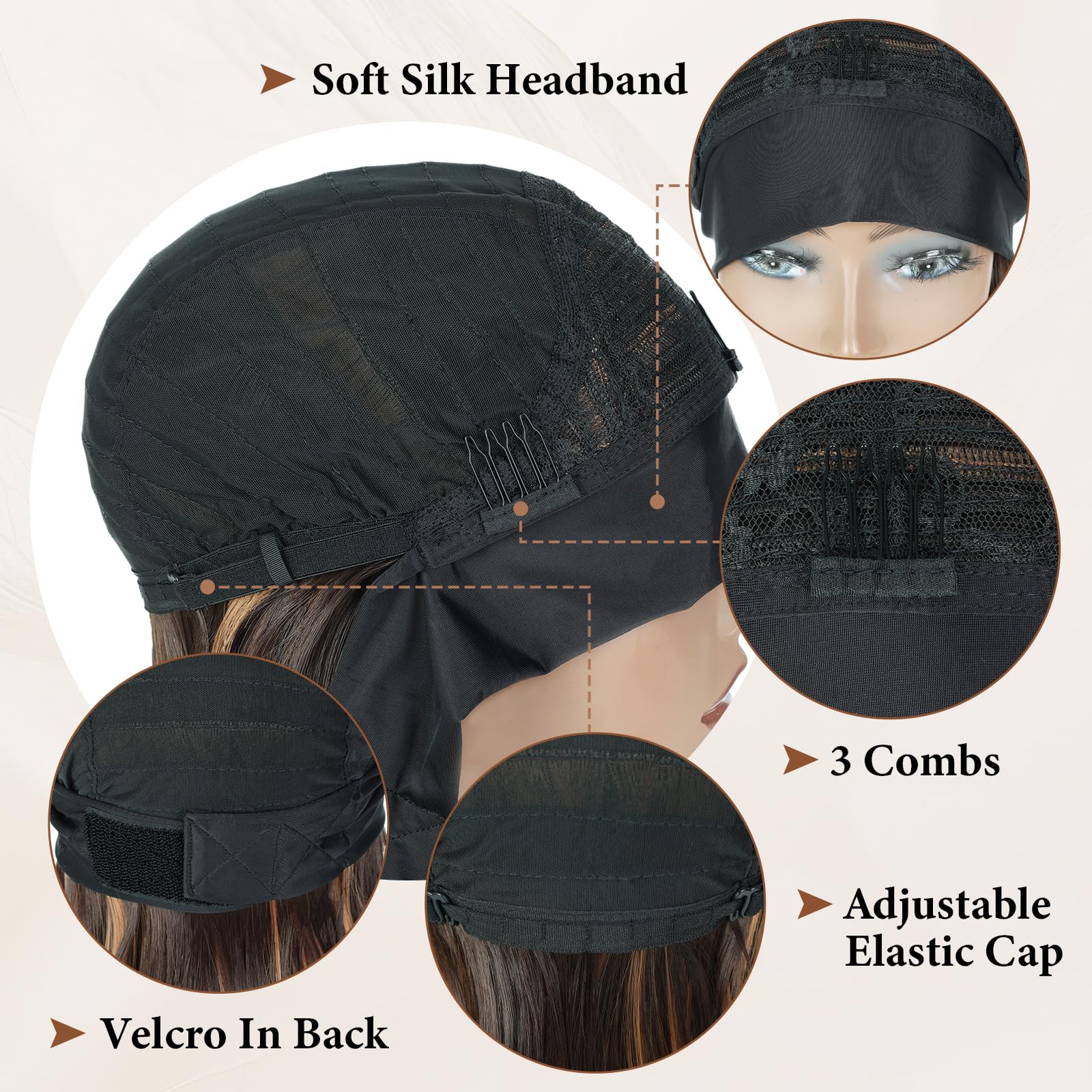 18" Long Straight Highlight Brown Headband Wig, Long Straight Brown Wigs With Anti-Slip Head Band Heat Resistance Synthetic Headband Wigs For Women Daily Party Use