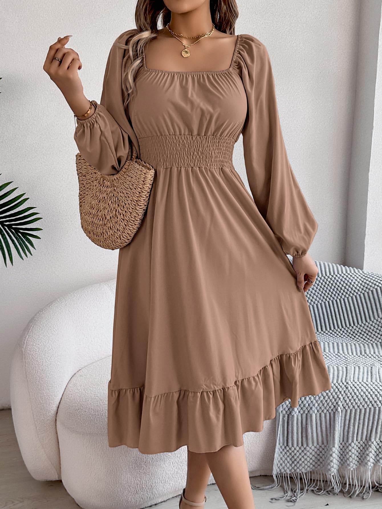 Square Neck Dress for Women Smocked Waist Long Sleeve Causal A-Line Swing Flowy Beach Ruffle Long Dresses
