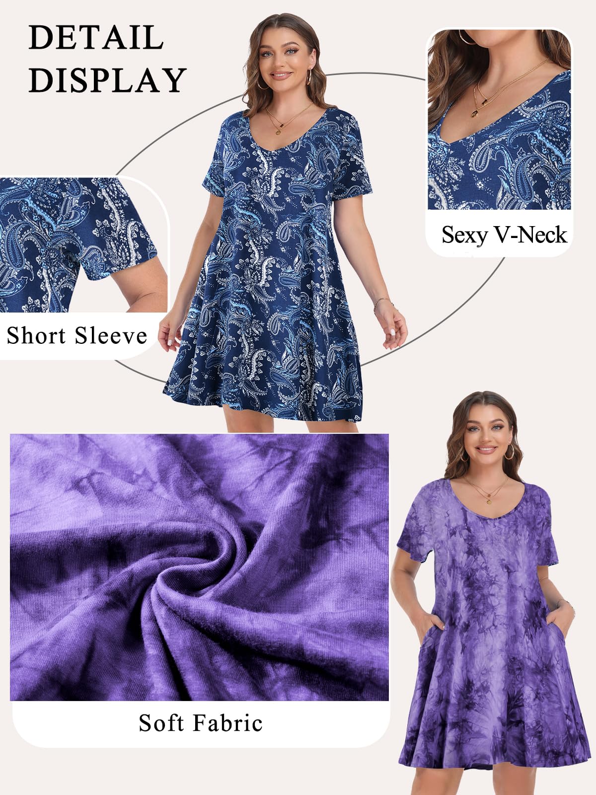 Womens Plus Size Summer Dresses Casual Short Sleeve T Shirt Dress for Everyday Wear V Neck Loose Fit Swing Basic Sundresses