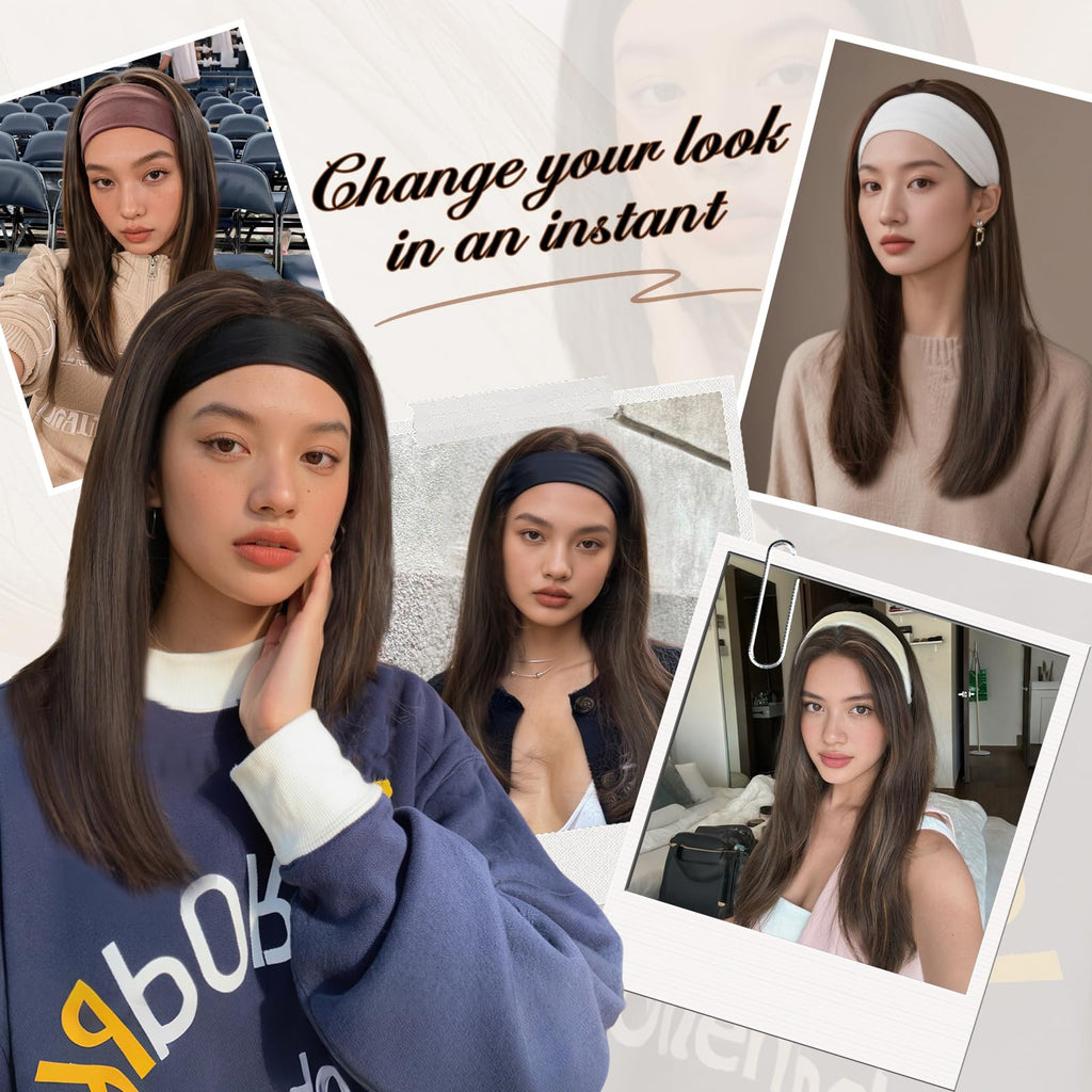 18" Long Straight Highlight Brown Headband Wig, Long Straight Brown Wigs With Anti-Slip Head Band Heat Resistance Synthetic Headband Wigs For Women Daily Party Use